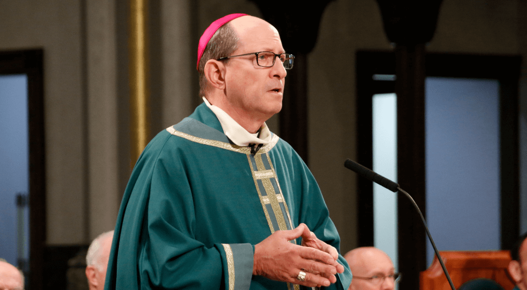 Bishop Walkowiak gives the homily during Mass at the Cathedral of Saint Andrew for the installation of Father Constanza, CSP, September 2018