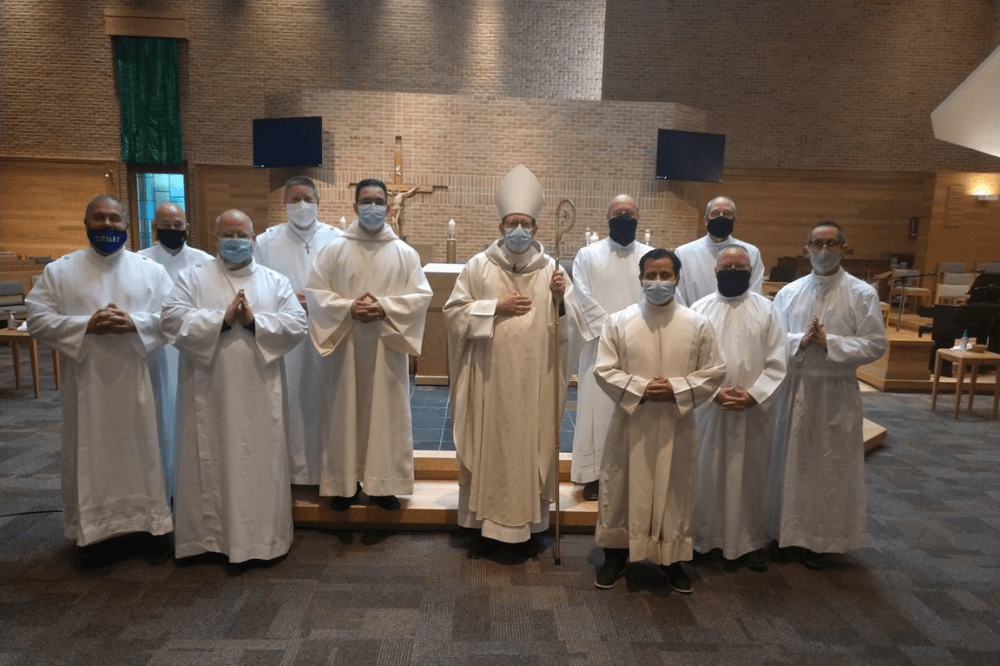 Group photo, ten men admitted to candidacy for the diocese during Mass with Bishop Walkowiak Nov. 7, 2020