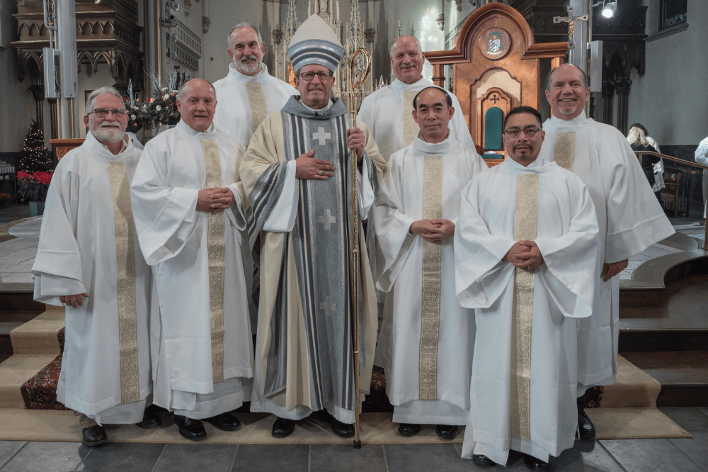 Bishop Walkowiak with newly ordained deacons of the Timon class, January 2022