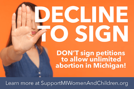 Decline to sign graphic, woman with hand up