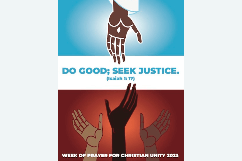Week of Prayer for Christian Unity 2023 logo with Christ's hand reaching down to the hands of humanity reaching up.