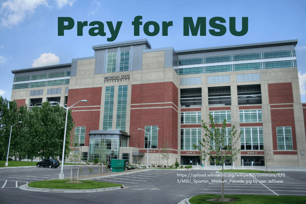 Pray for MSU graphic - facade of Spartan Stadium from Jeffness on wikicommons