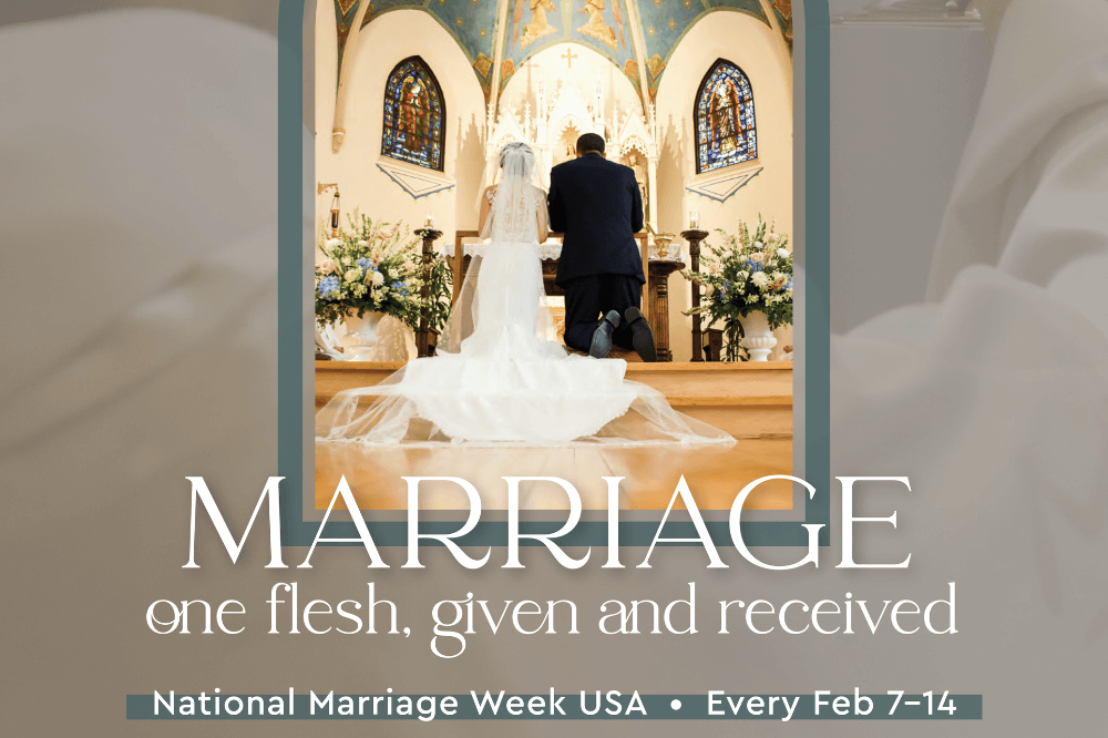 Couple kneel before the altar during wedding liturgy - National Marriage Week poster 2023 crop