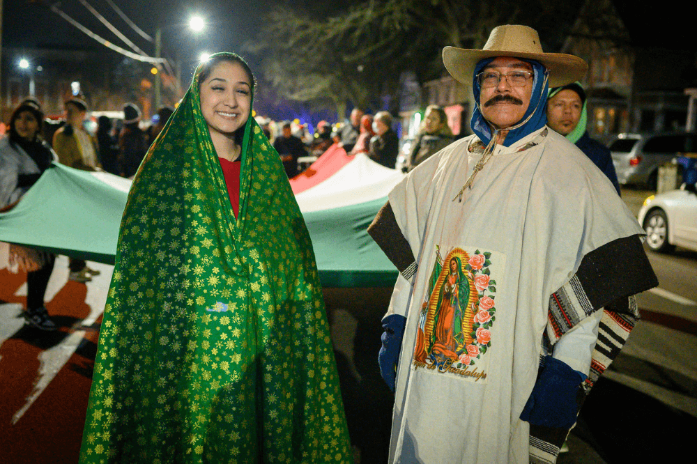 Pilgrims dressed as Our Lady of Guadalupe and Juan Diego