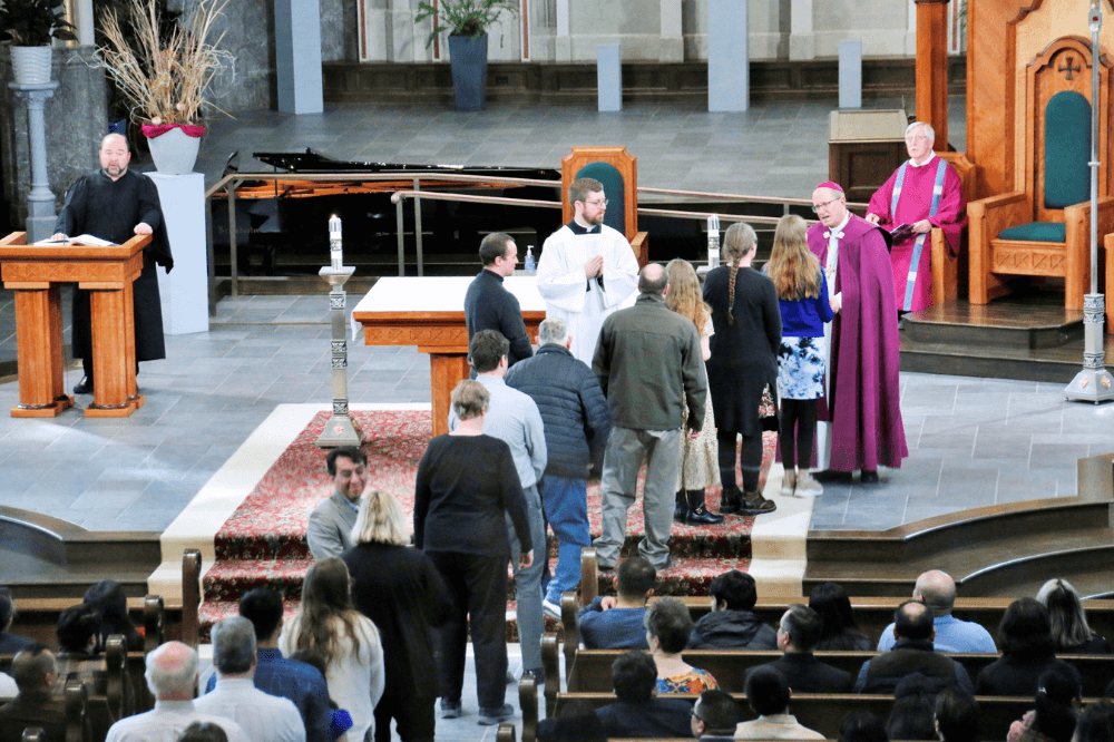 Rite of Election, Cathedral of Saint Andrew, Feb. 2023 Bishop greets candidates and catechumens