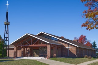 Exterior of Saint Michael the Archangel Catholic Church in Remus, Michigan.